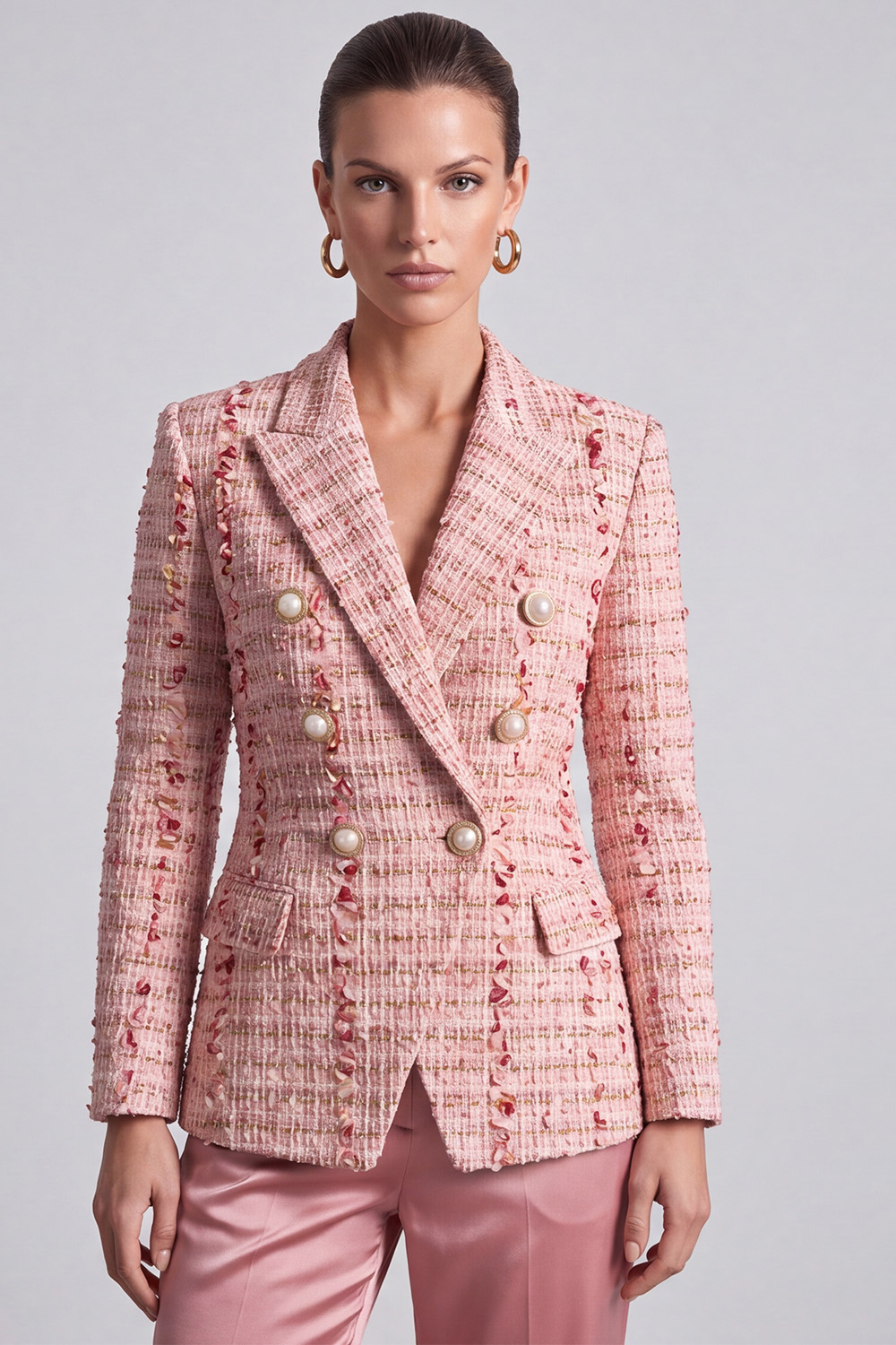 Pink Peak Lapel Double Breasted Long Sleeves Tweed Pageant Interview Outfits