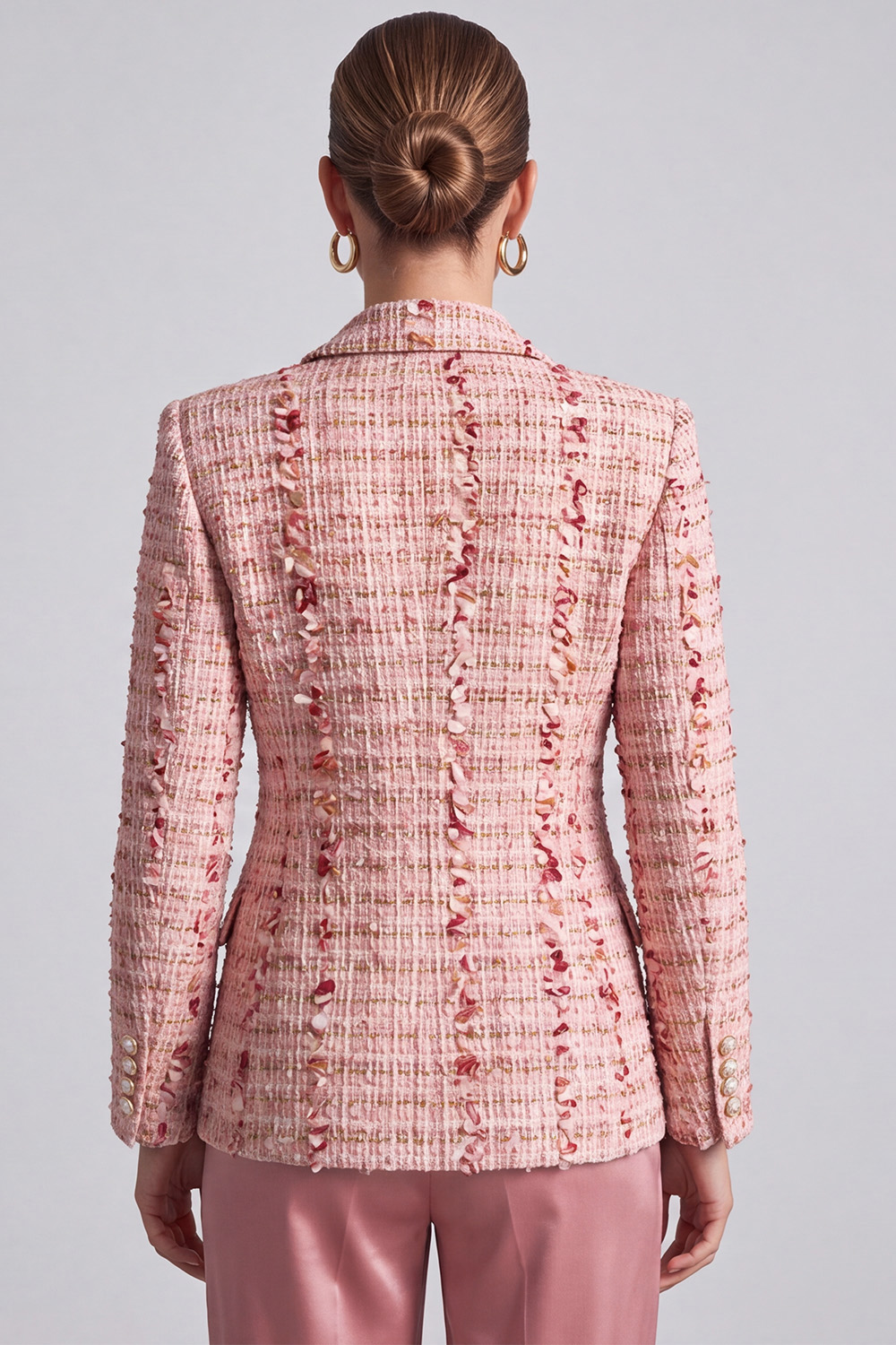 Pink Peak Lapel Double Breasted Long Sleeves Tweed Pageant Interview Outfits