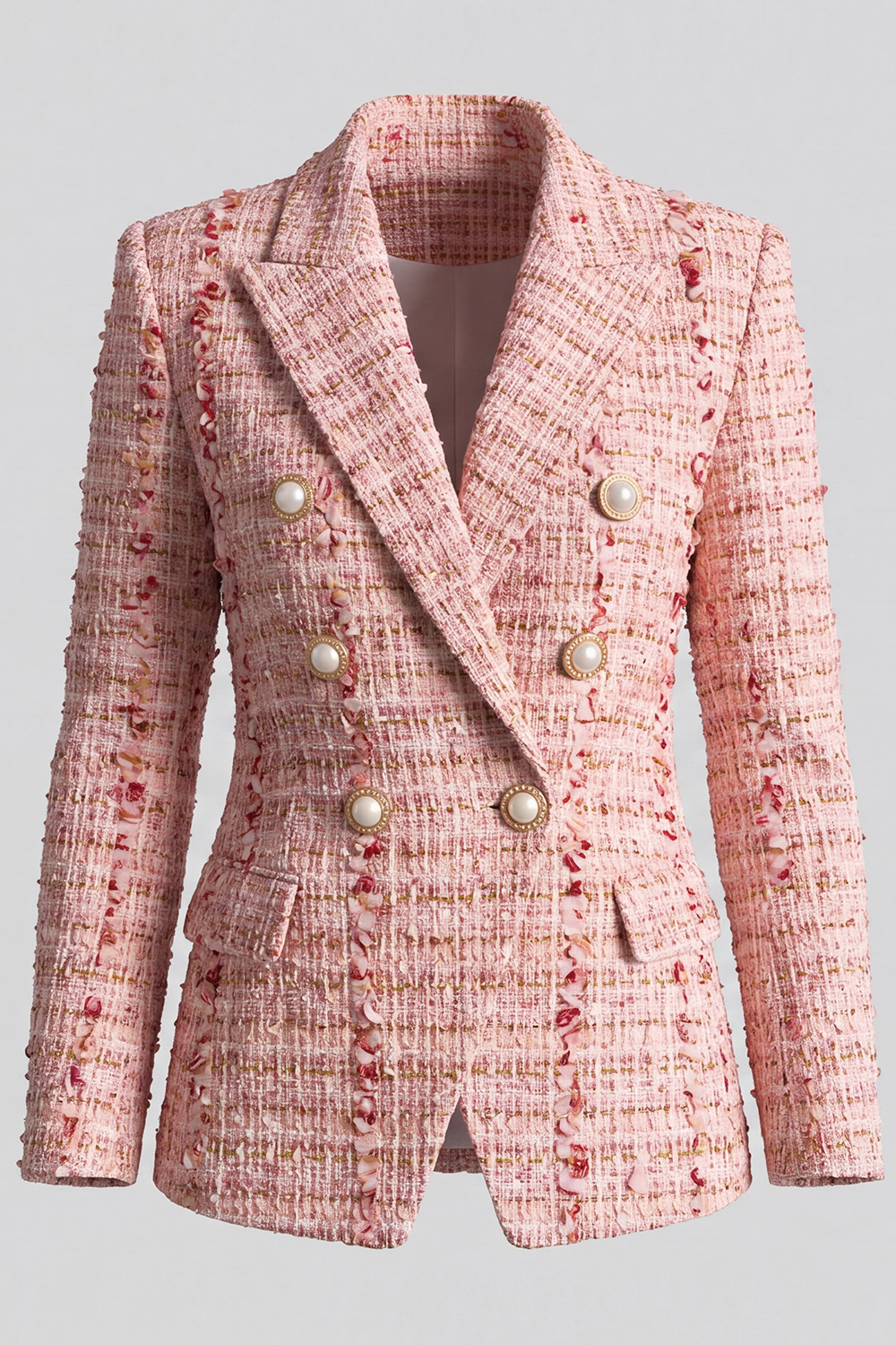 Pink Peak Lapel Double Breasted Long Sleeves Tweed Pageant Interview Outfits