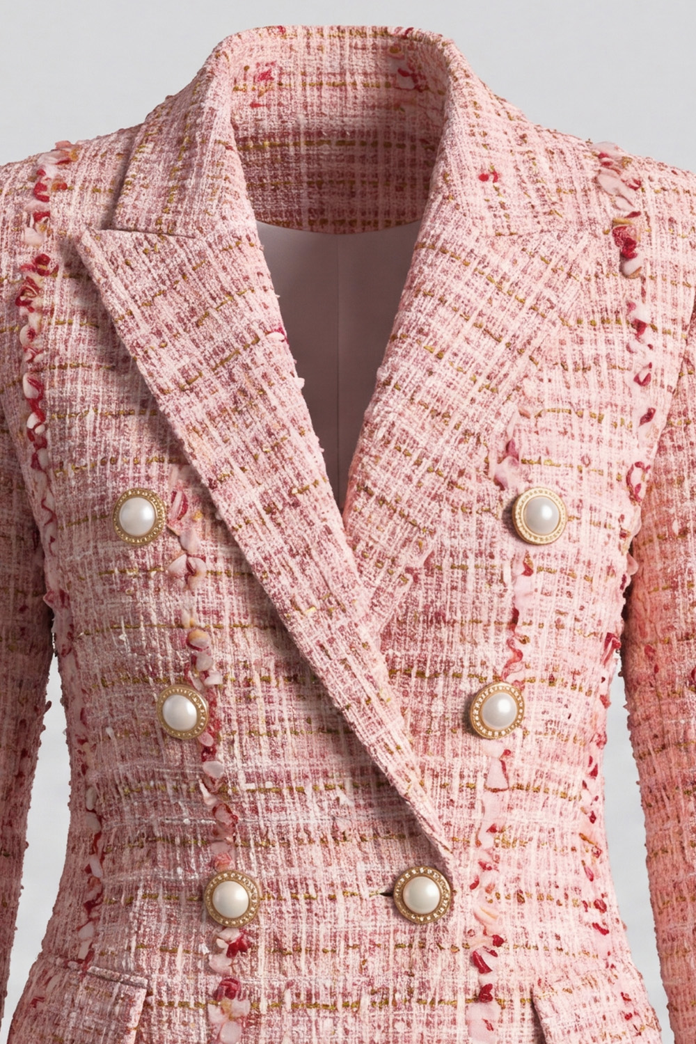 Pink Peak Lapel Double Breasted Long Sleeves Tweed Pageant Interview Outfits