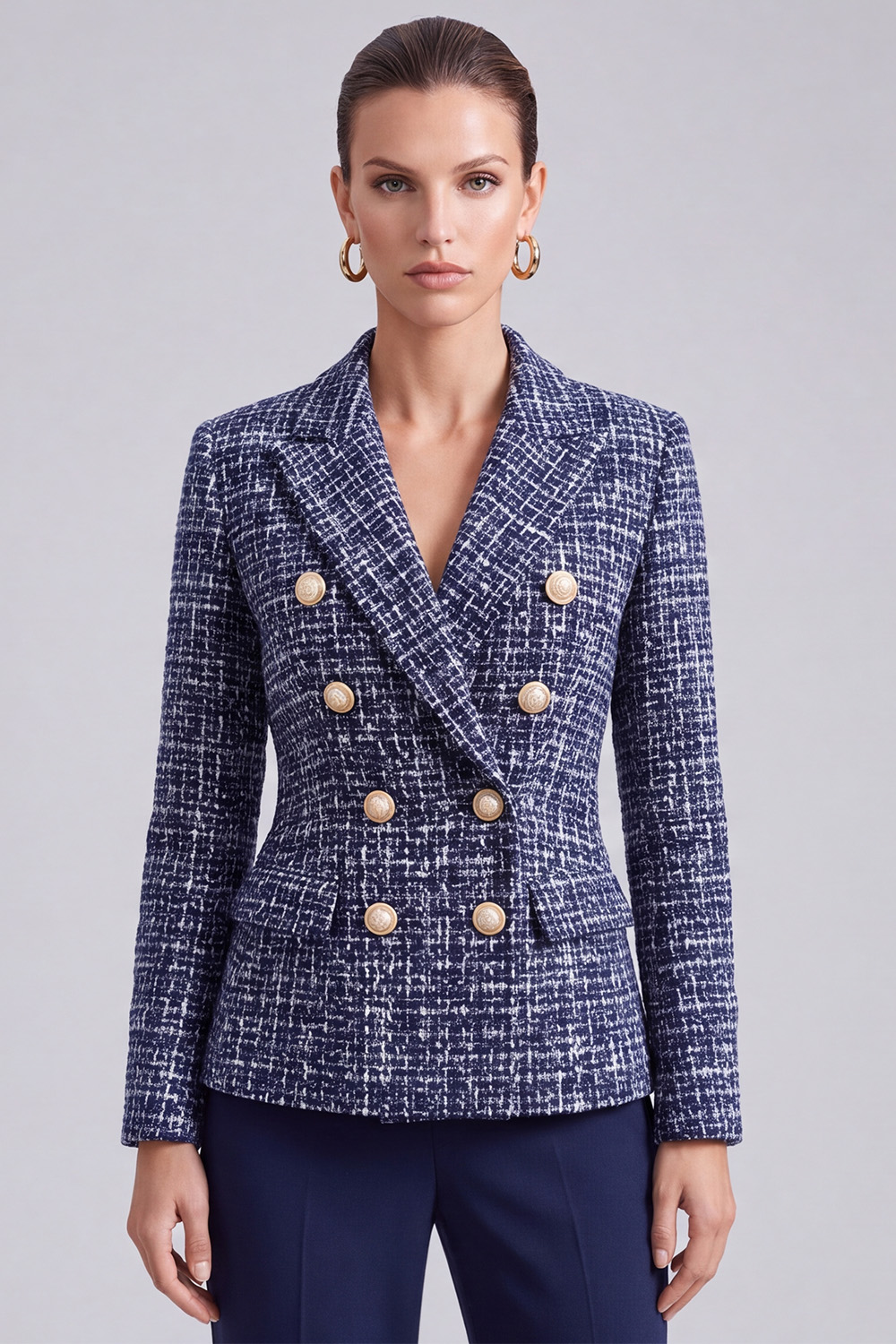 Navy Double Breasted Peak Lapel Long Sleeves Tweed Pageant Interview Outfits