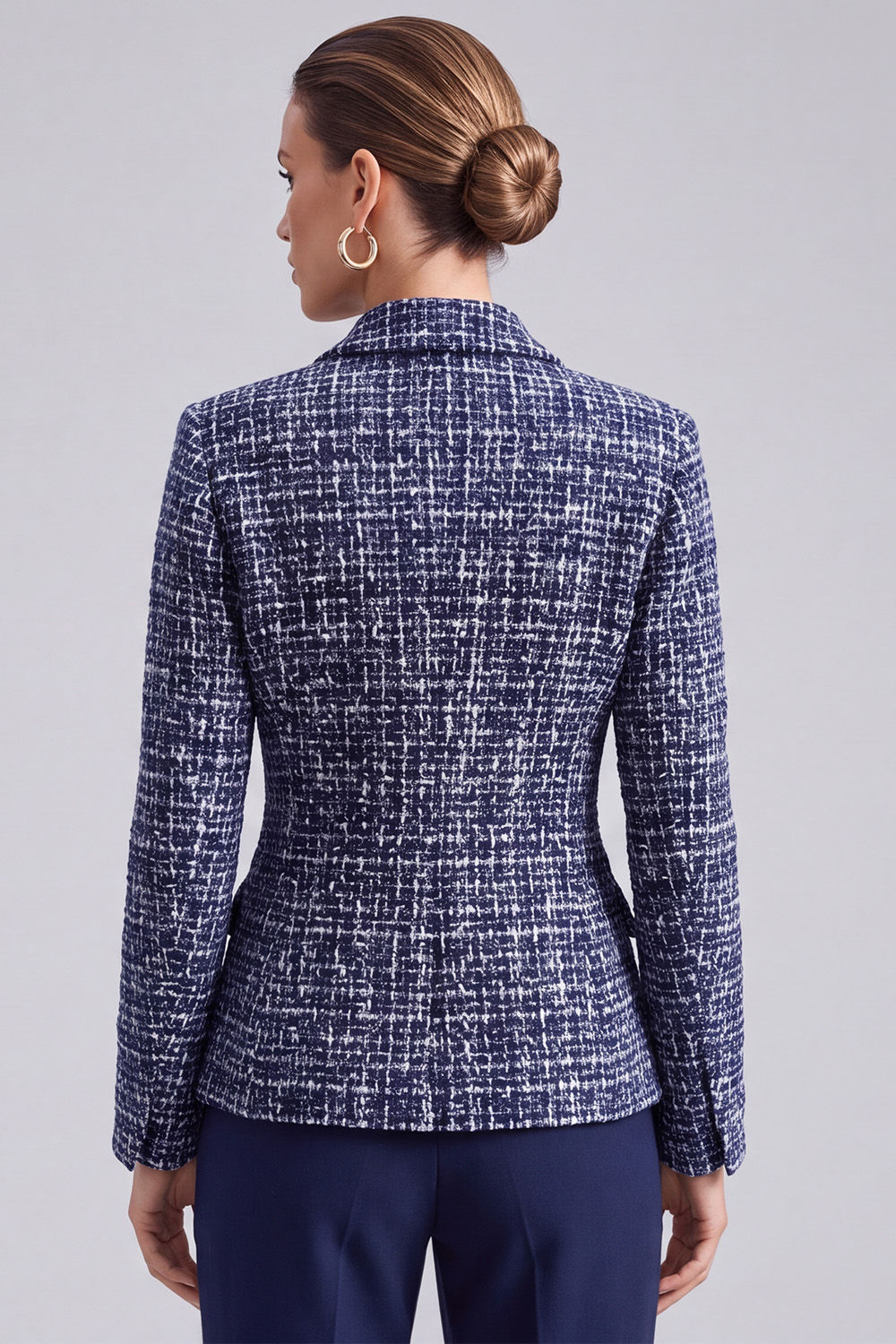 Navy Double Breasted Peak Lapel Long Sleeves Tweed Pageant Interview Outfits