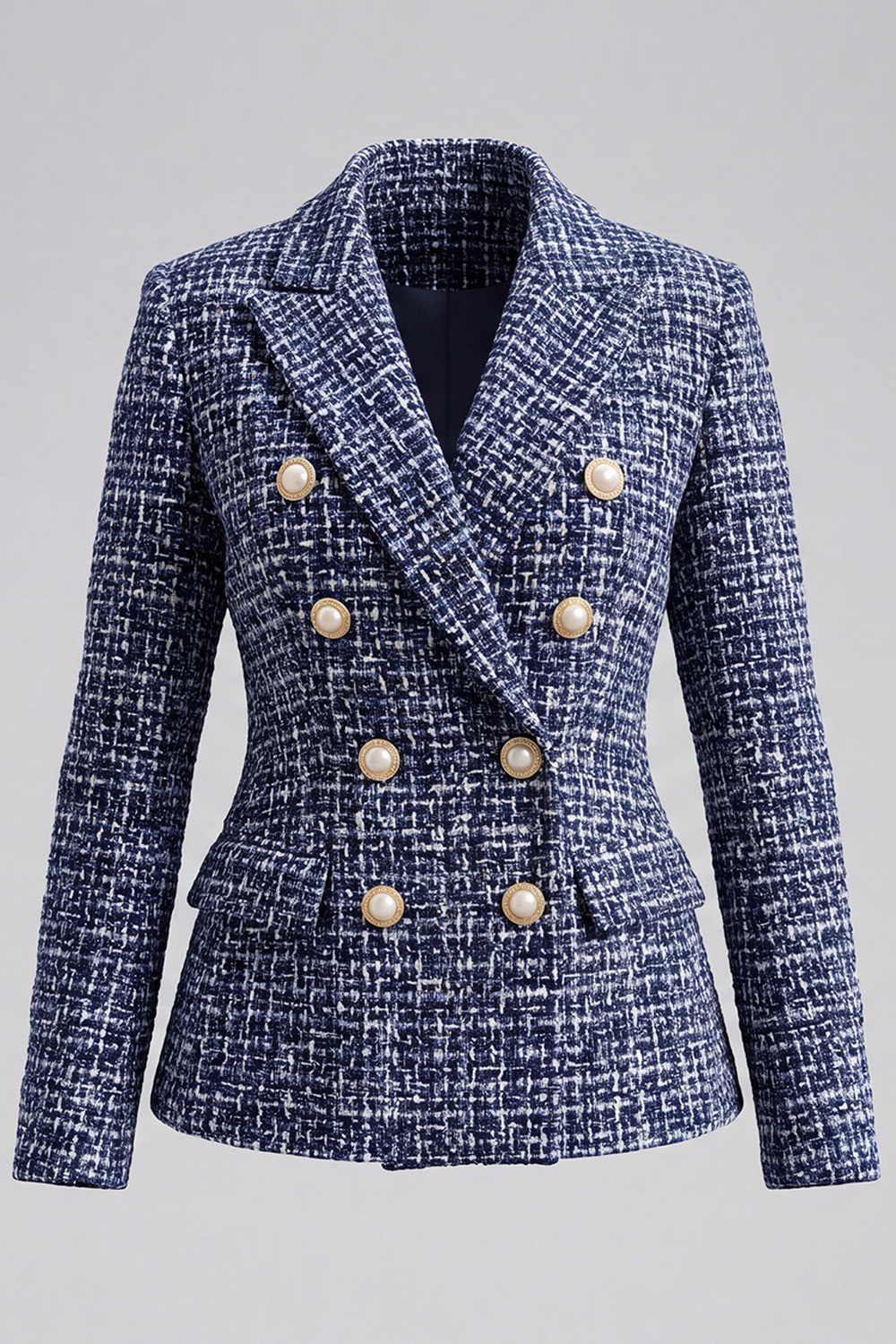 Navy Double Breasted Peak Lapel Long Sleeves Tweed Pageant Interview Outfits
