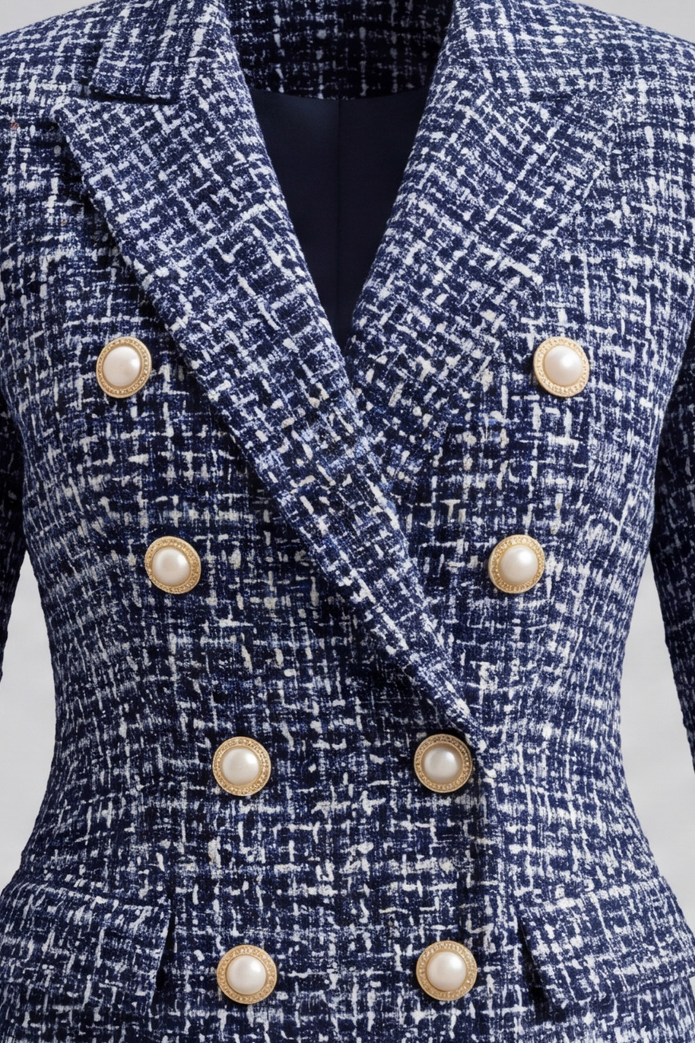 Navy Double Breasted Peak Lapel Long Sleeves Tweed Pageant Interview Outfits