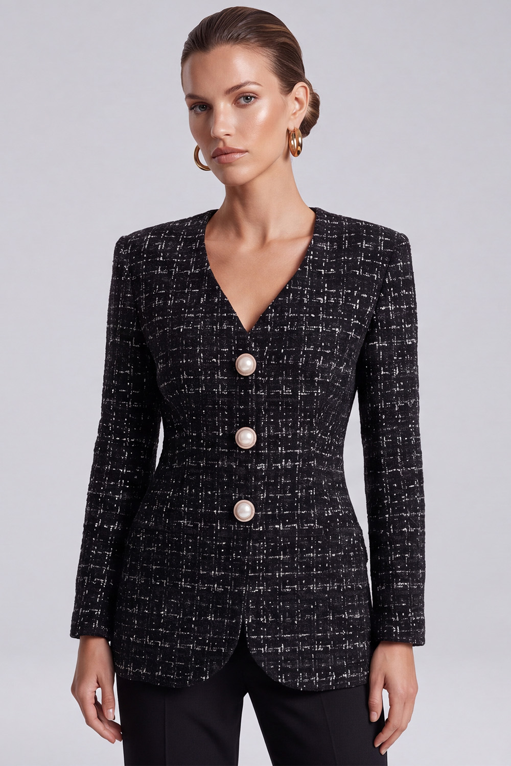 Black V-Neck Single Breasted Long Sleeves Tweed Pageant Interview Outfits