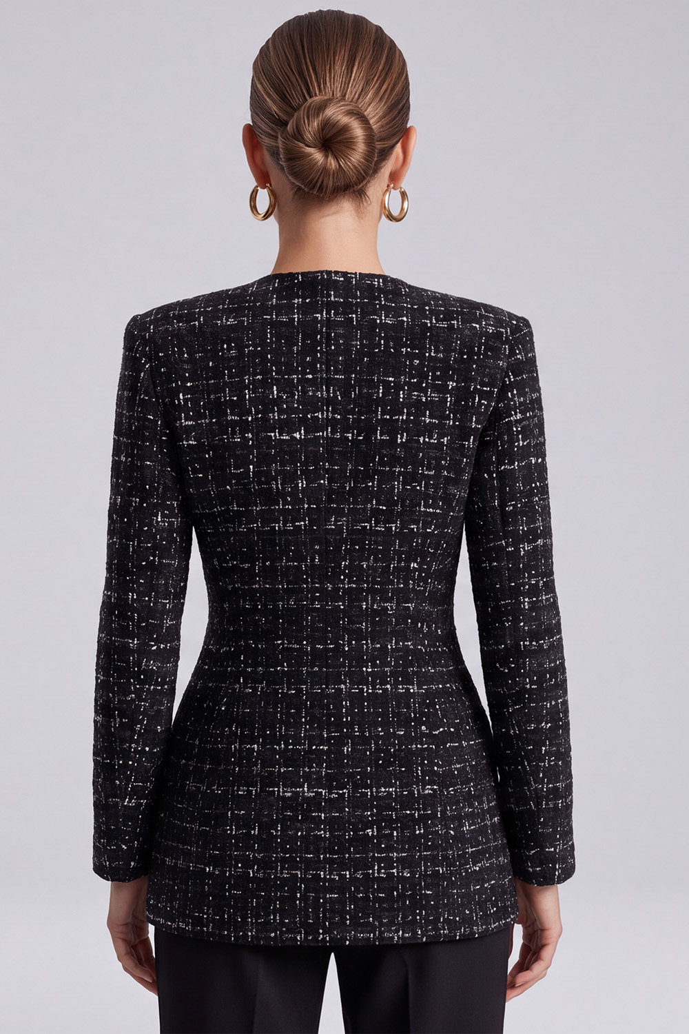 Black V-Neck Single Breasted Long Sleeves Tweed Pageant Interview Outfits