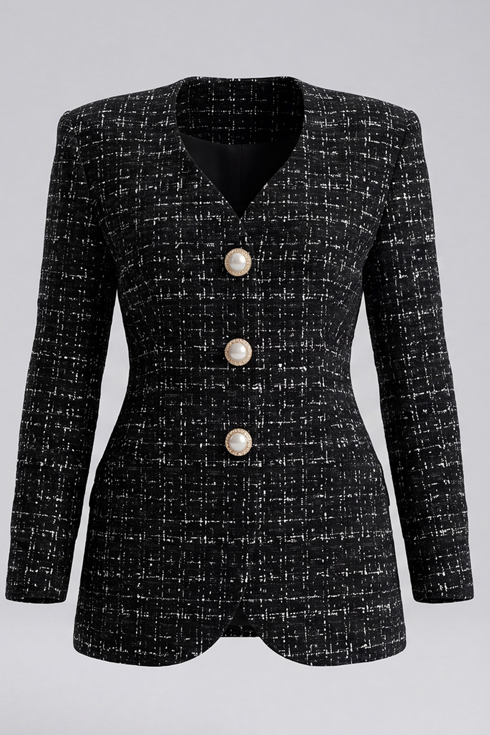 Black V-Neck Single Breasted Long Sleeves Tweed Pageant Interview Outfits