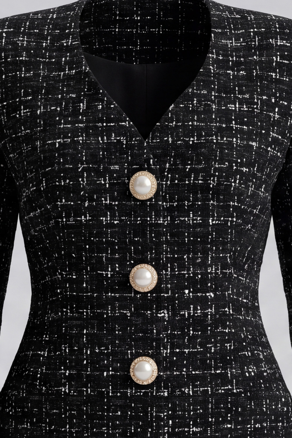 Black V-Neck Single Breasted Long Sleeves Tweed Pageant Interview Outfits