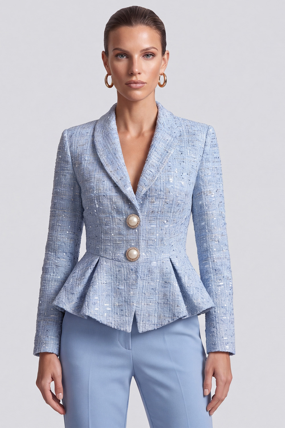 Light Blue Ruffled Shawl Lapel Single Breasted Long Sleeves Tweed Pageant Interview Outfits