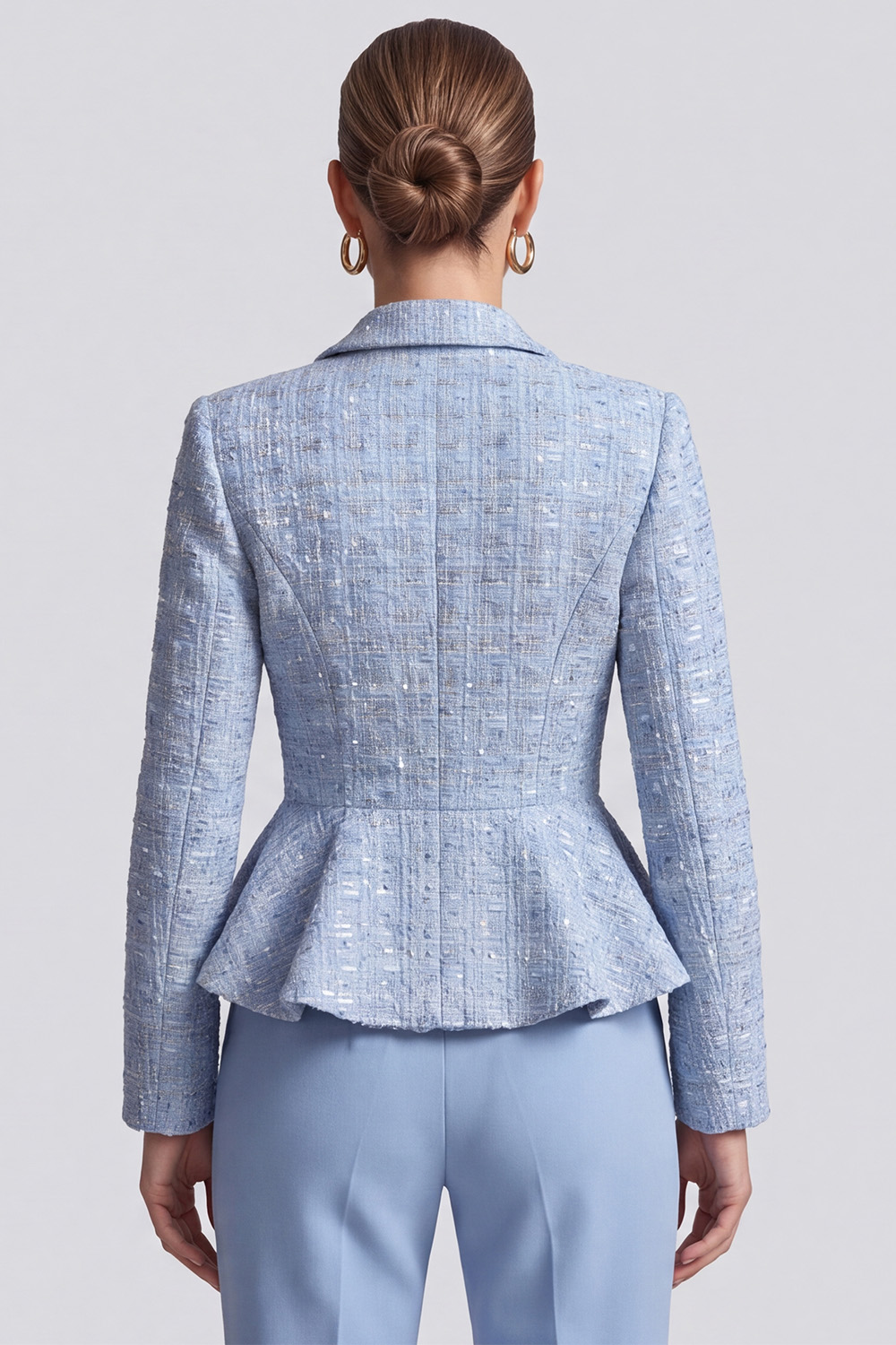 Light Blue Ruffled Shawl Lapel Single Breasted Long Sleeves Tweed Pageant Interview Outfits
