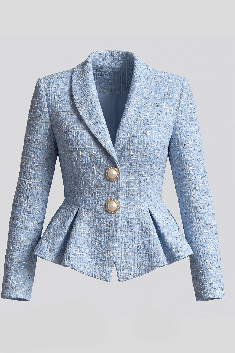 Light Blue Ruffled Shawl Lapel Single Breasted Long Sleeves Tweed Pageant Interview Outfits