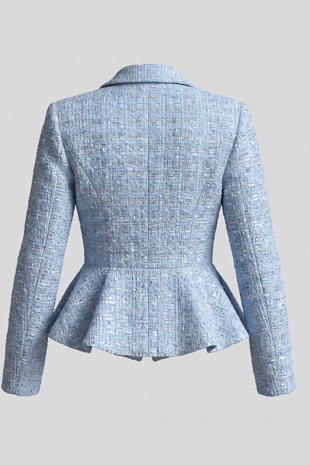 Light Blue Ruffled Shawl Lapel Single Breasted Long Sleeves Tweed Pageant Interview Outfits