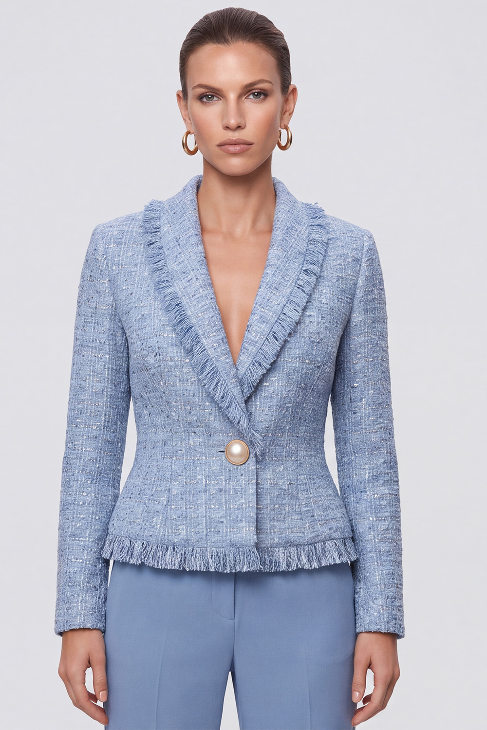 Light Blue Shawl Lapel Single Breasted Long Sleeves Tweed Pageant Interview Outfits