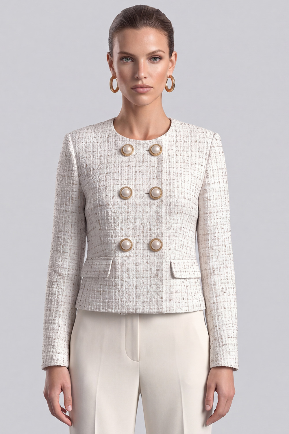 Ivory Round Neck Double Breasted Long Sleeves Tweed Pageant Interview Outfits