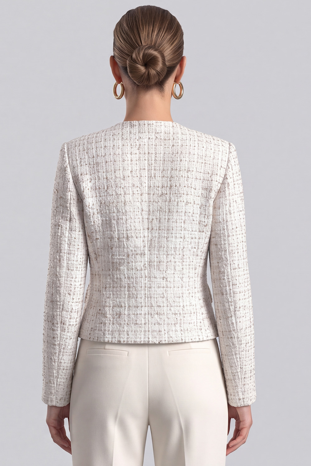 Ivory Round Neck Double Breasted Long Sleeves Tweed Pageant Interview Outfits