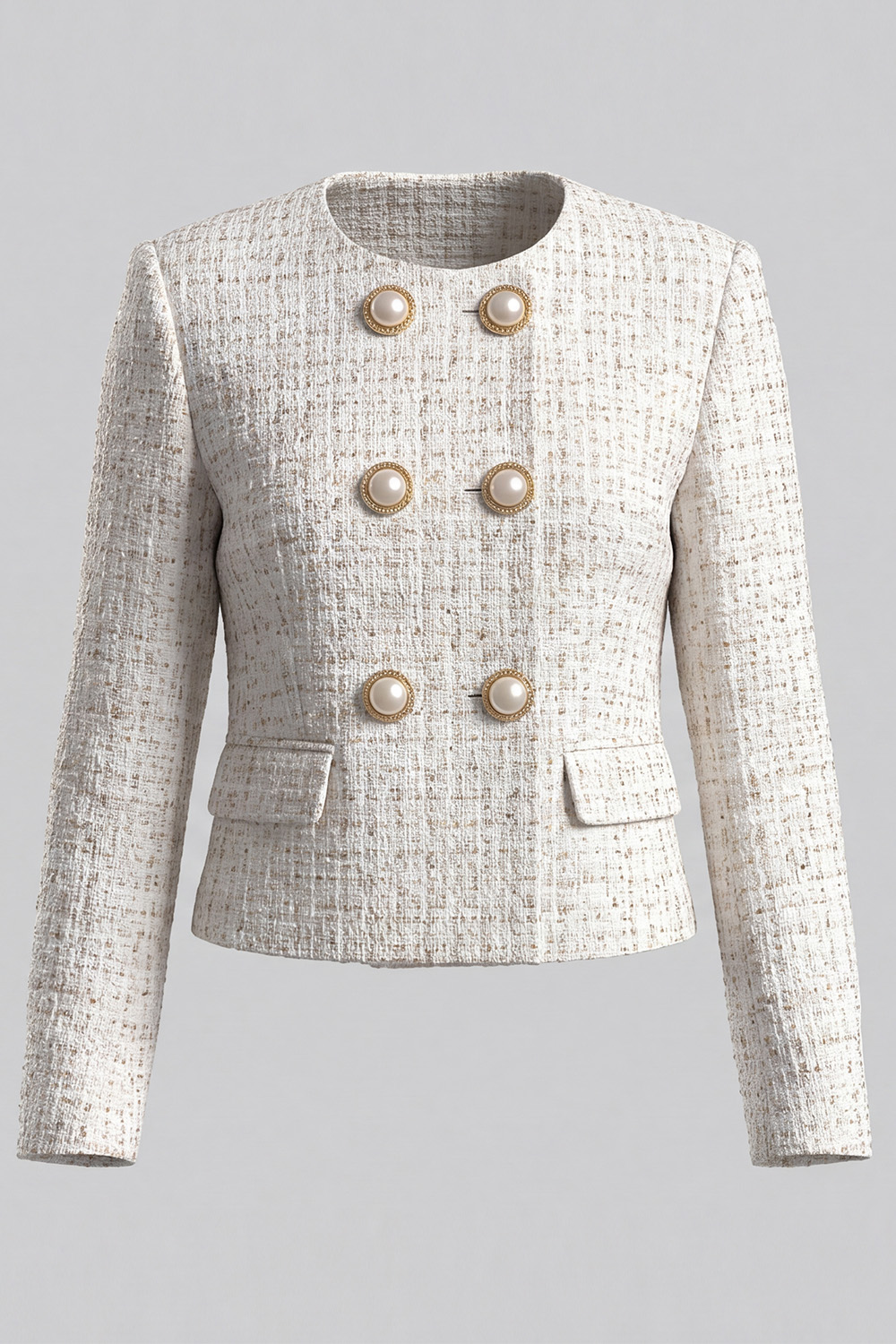 Ivory Round Neck Double Breasted Long Sleeves Tweed Pageant Interview Outfits