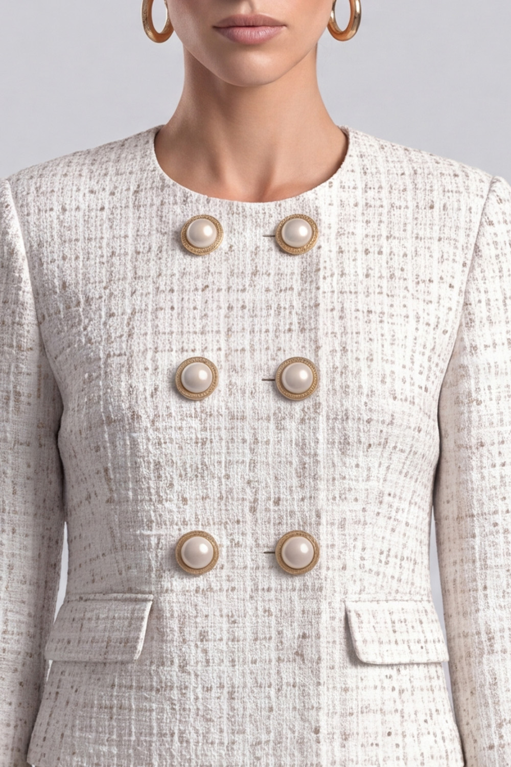 Ivory Round Neck Double Breasted Long Sleeves Tweed Pageant Interview Outfits