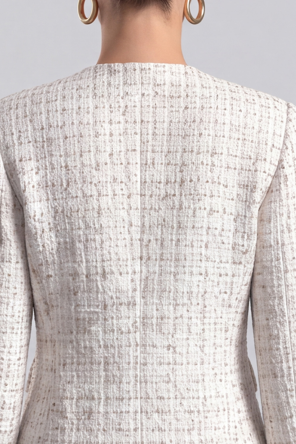 Ivory Round Neck Double Breasted Long Sleeves Tweed Pageant Interview Outfits