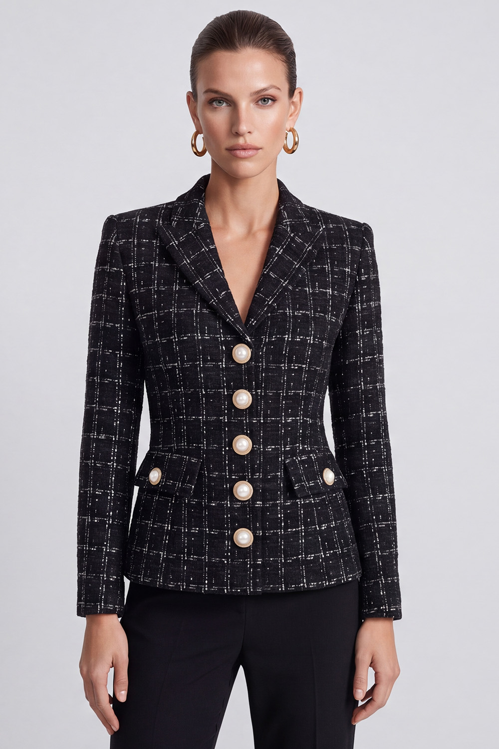 Black Single Breasted Peak Lapel Long Sleeves Tweed Pageant Interview Outfits