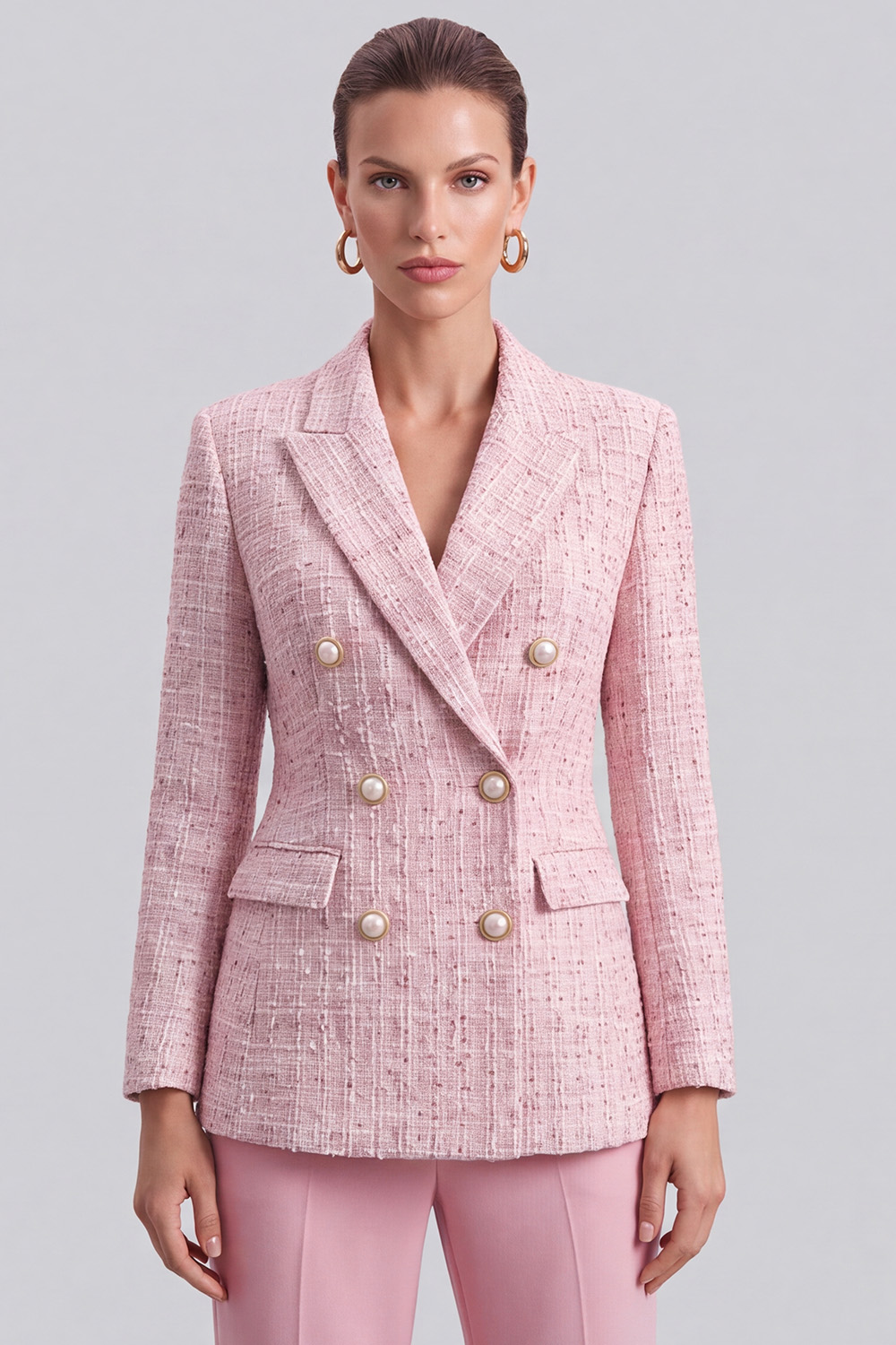 Pink Peak Lapel Double Breasted Long Sleeves Tweed Pageant Interview Outfits