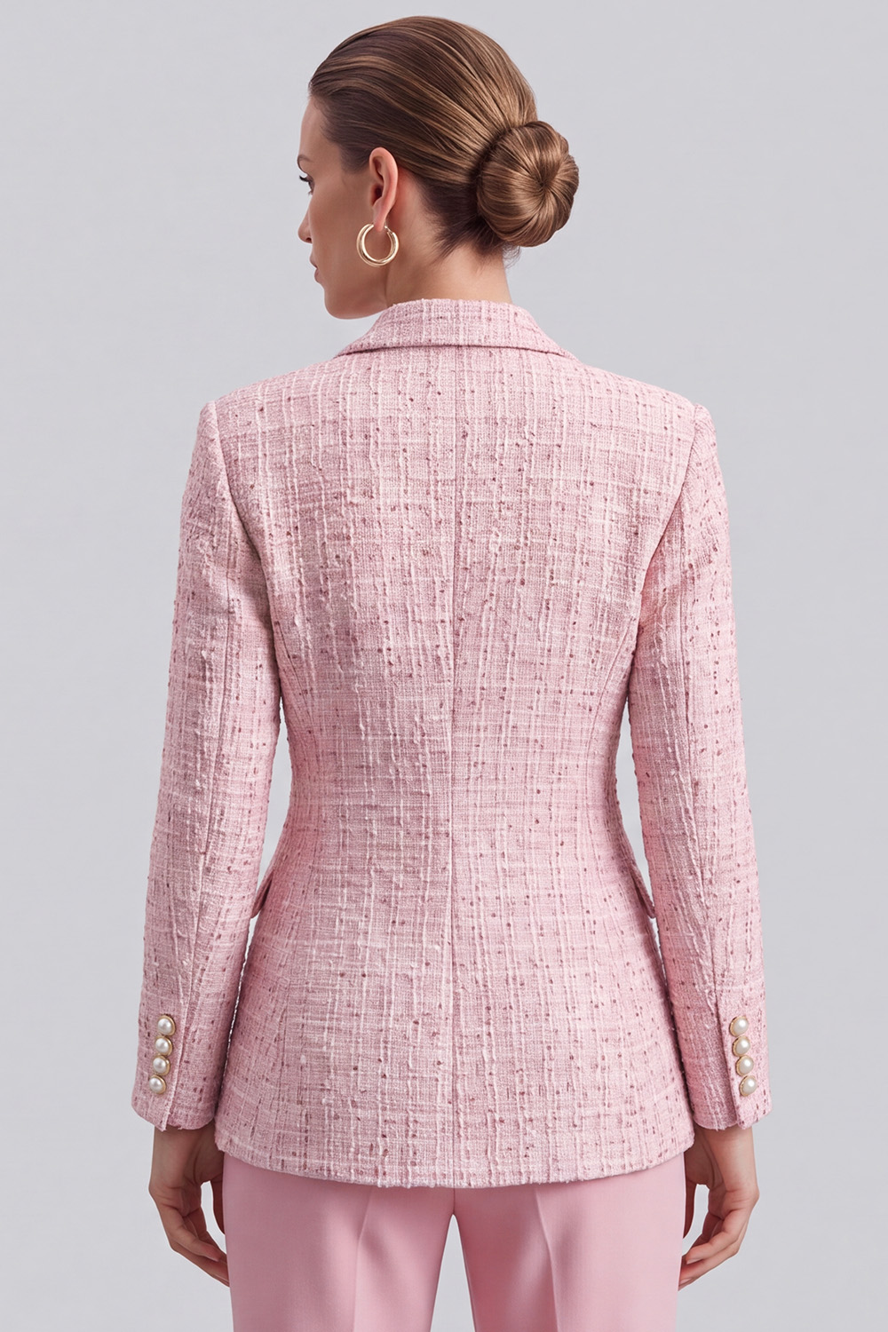 Pink Peak Lapel Double Breasted Long Sleeves Tweed Pageant Interview Outfits