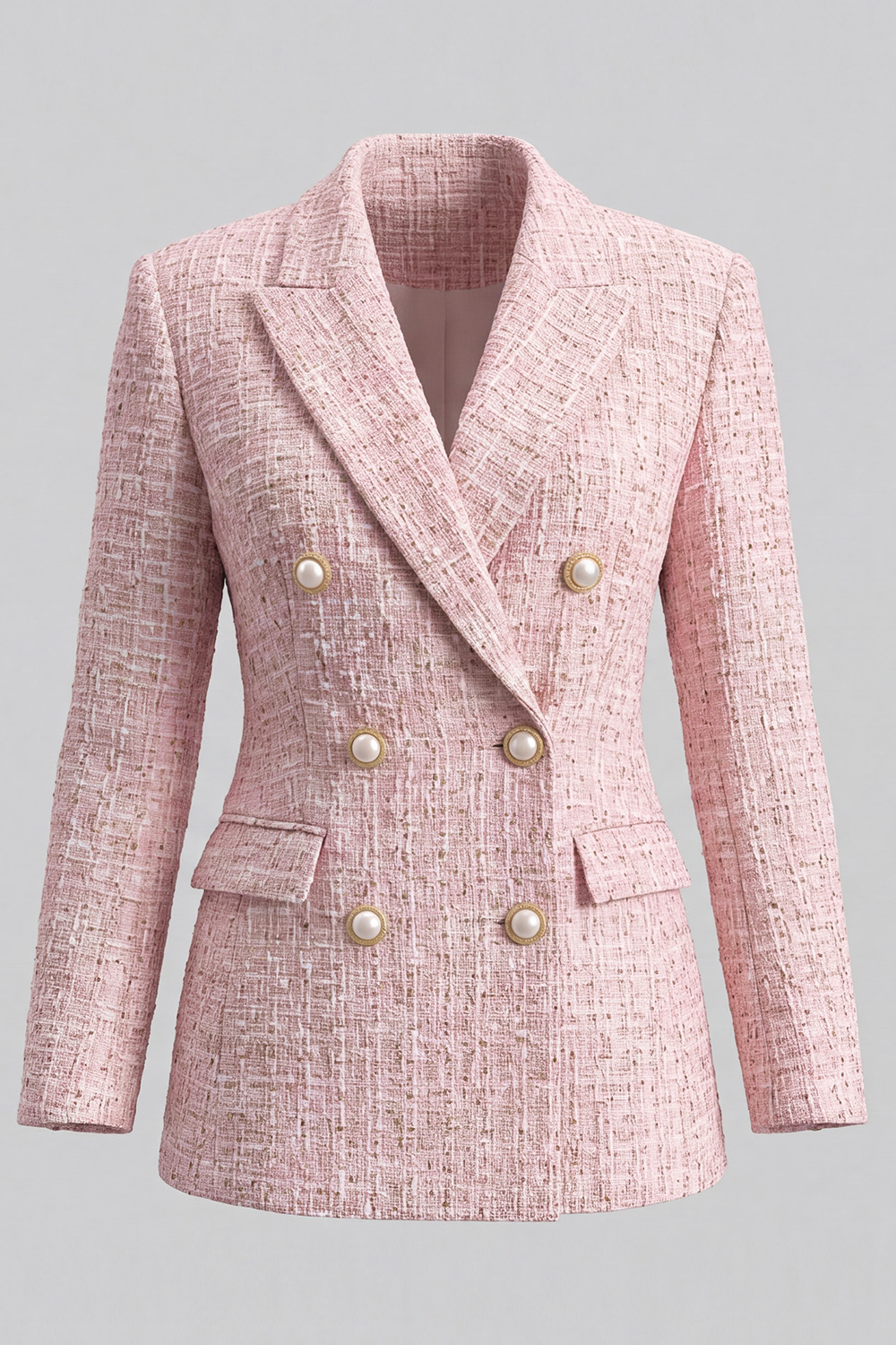 Pink Peak Lapel Double Breasted Long Sleeves Tweed Pageant Interview Outfits