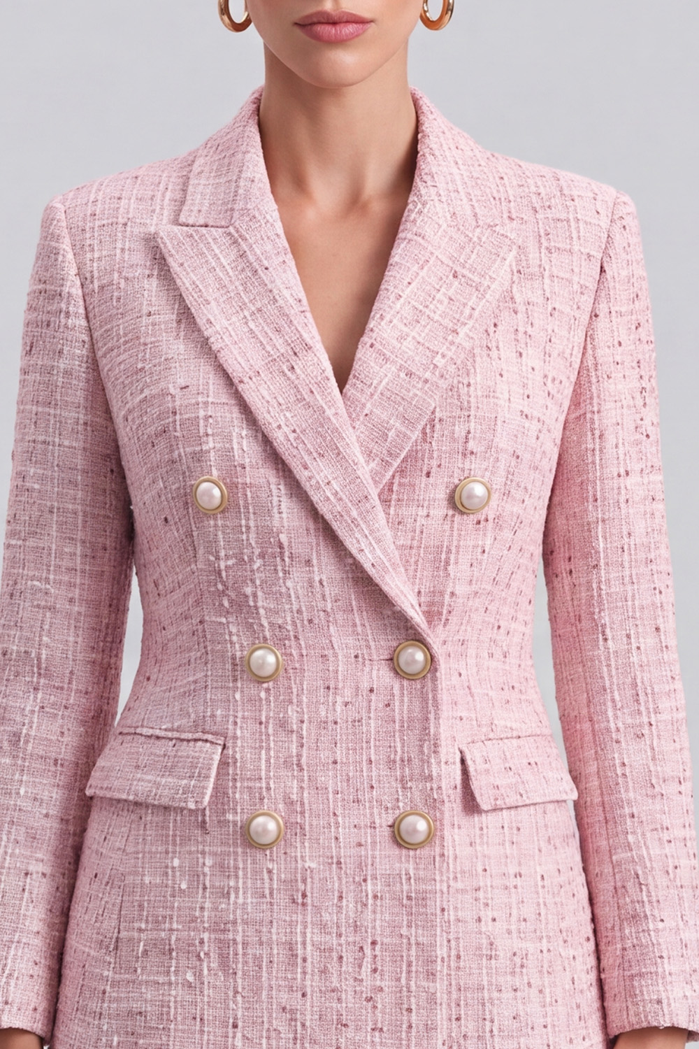Pink Peak Lapel Double Breasted Long Sleeves Tweed Pageant Interview Outfits