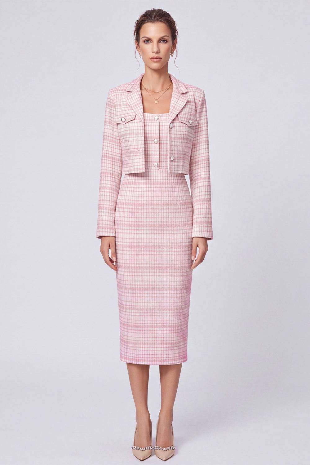 Pink 2 Piece Pencil Midi Homecoming Suits with Covered Button
