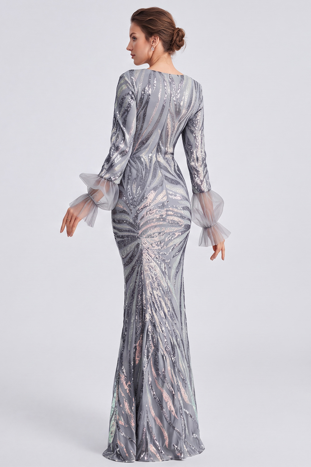 Sparkly Silver Mermaid Round Neck Long Sleeves Formal Dress with Ruffles