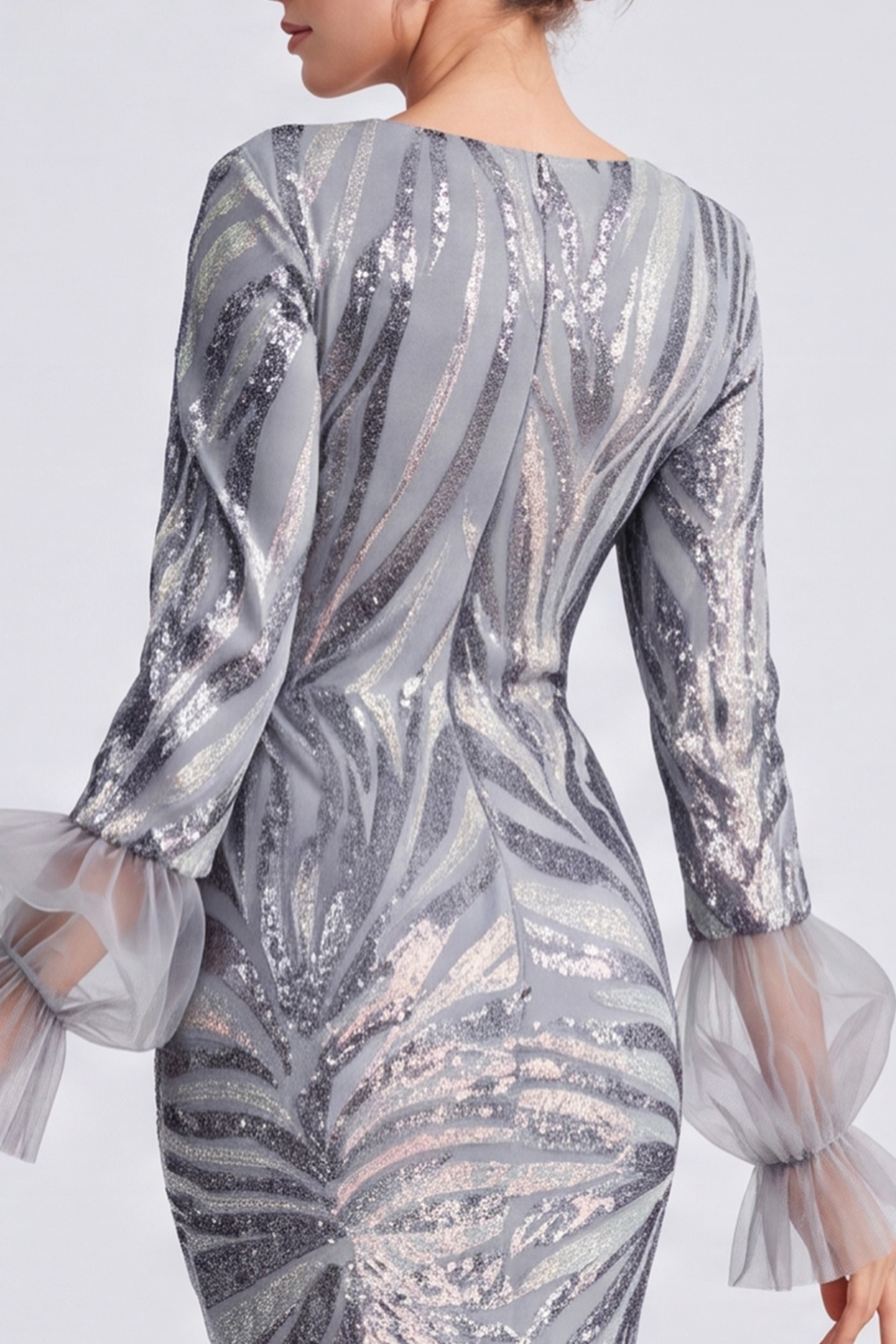 Sparkly Silver Mermaid Round Neck Long Sleeves Formal Dress with Ruffles