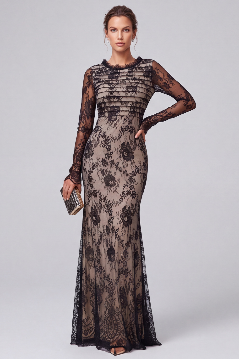 Black Floral Mermaid Round Neck Long Sleeves Formal Dress with Lace