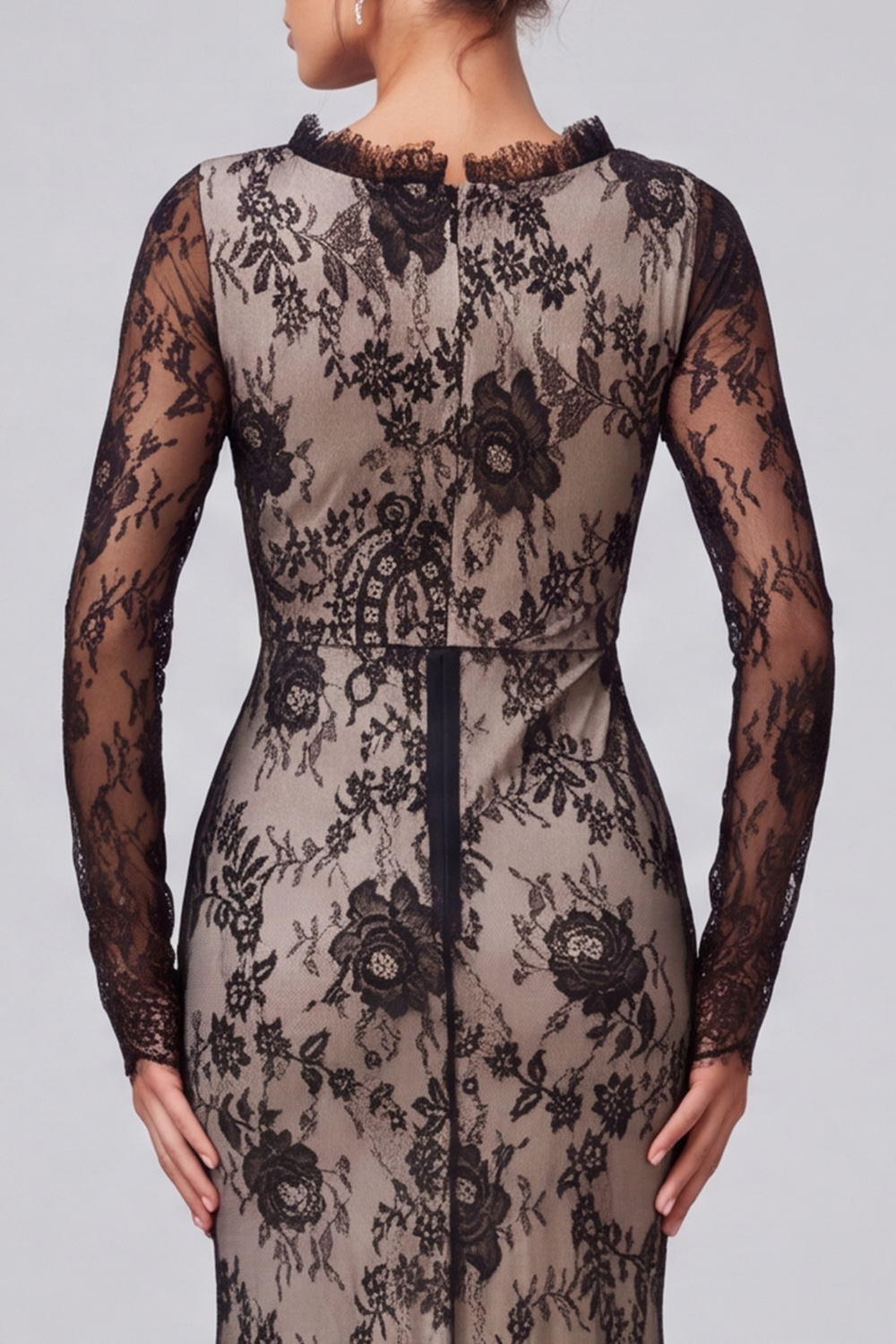Black Floral Mermaid Round Neck Long Sleeves Formal Dress with Lace
