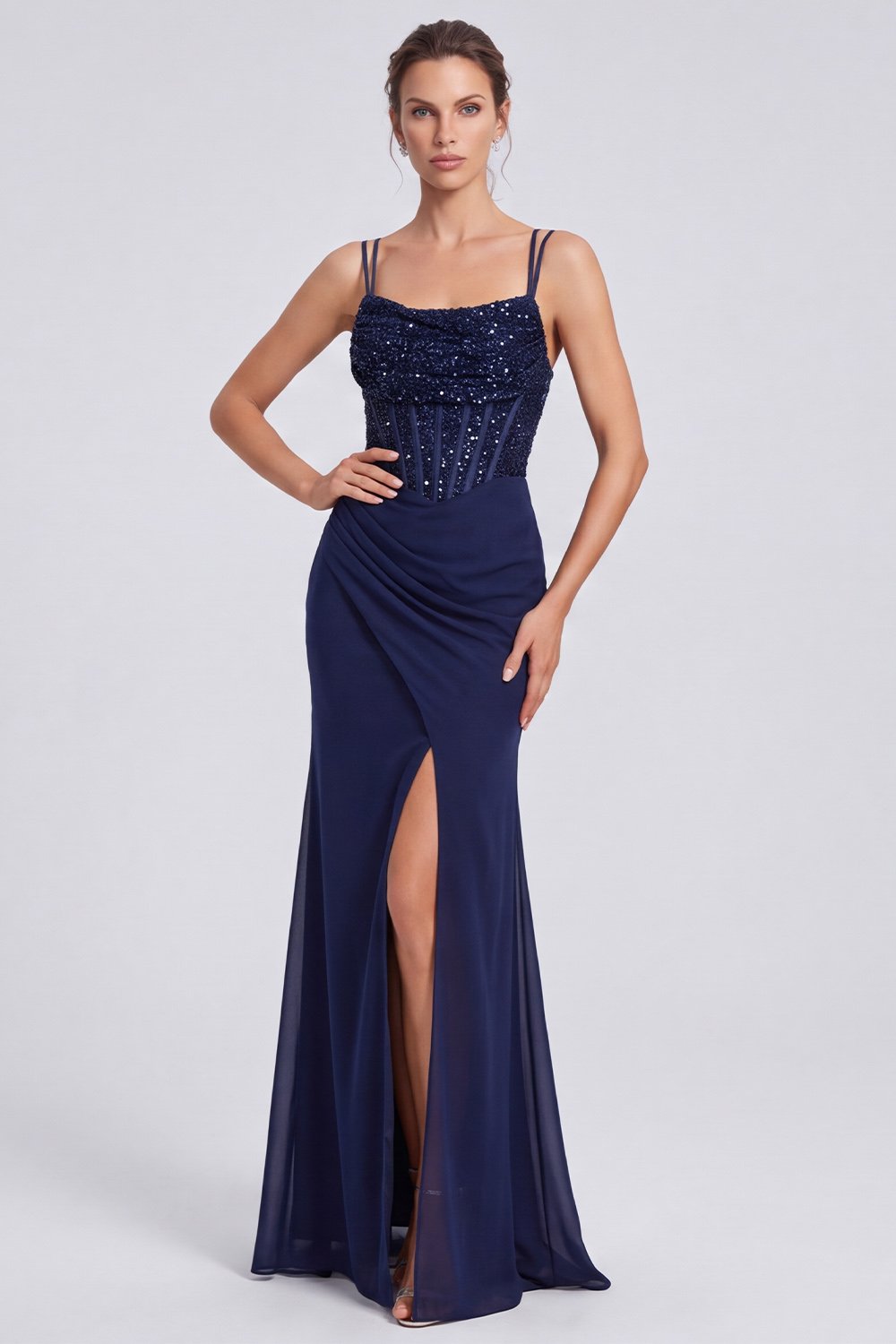 Navy Sparkly Corset Sheath Spaghetti Straps Long Formal Dress with Slit