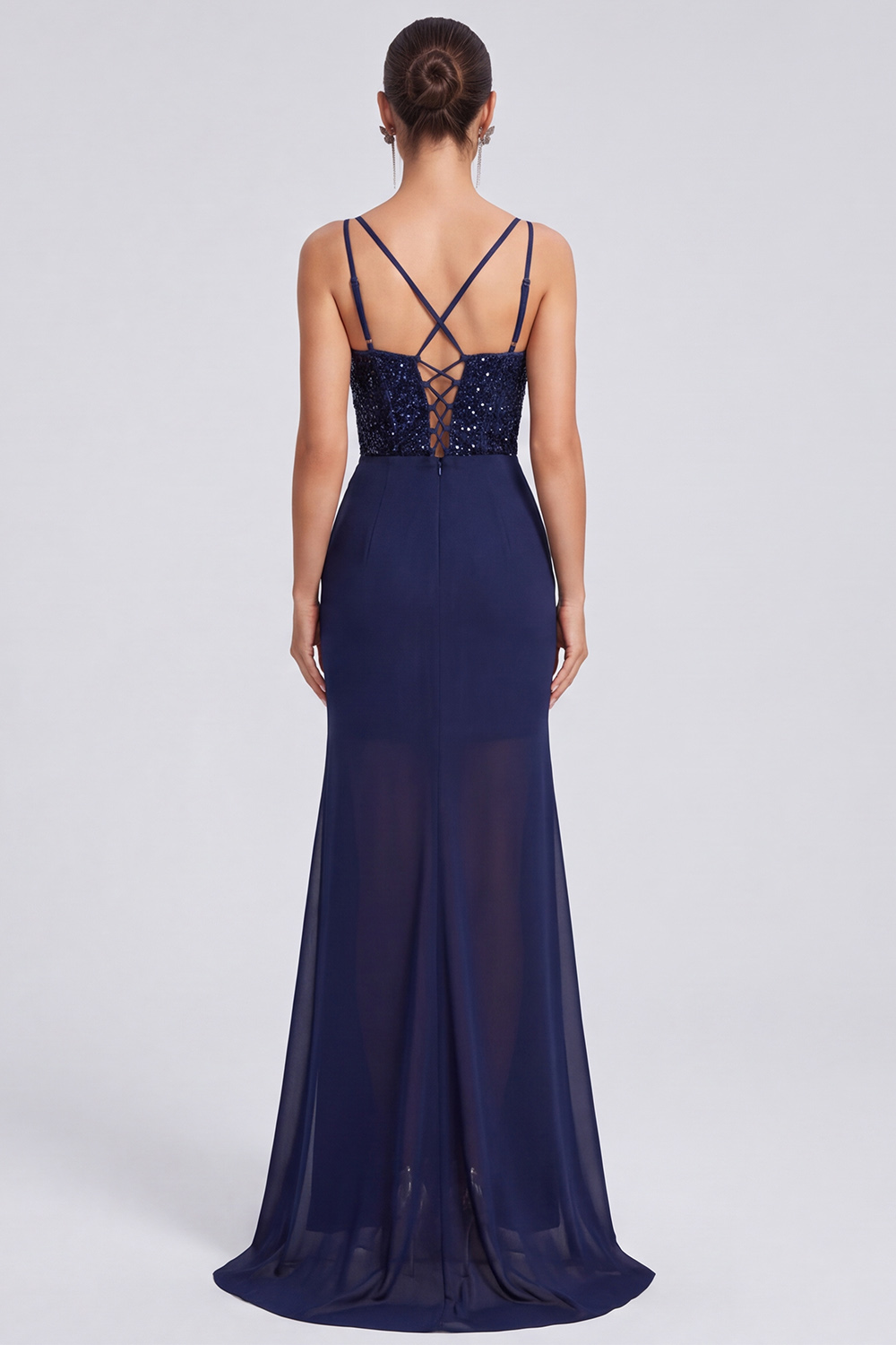 Navy Sparkly Corset Sheath Spaghetti Straps Long Formal Dress with Slit