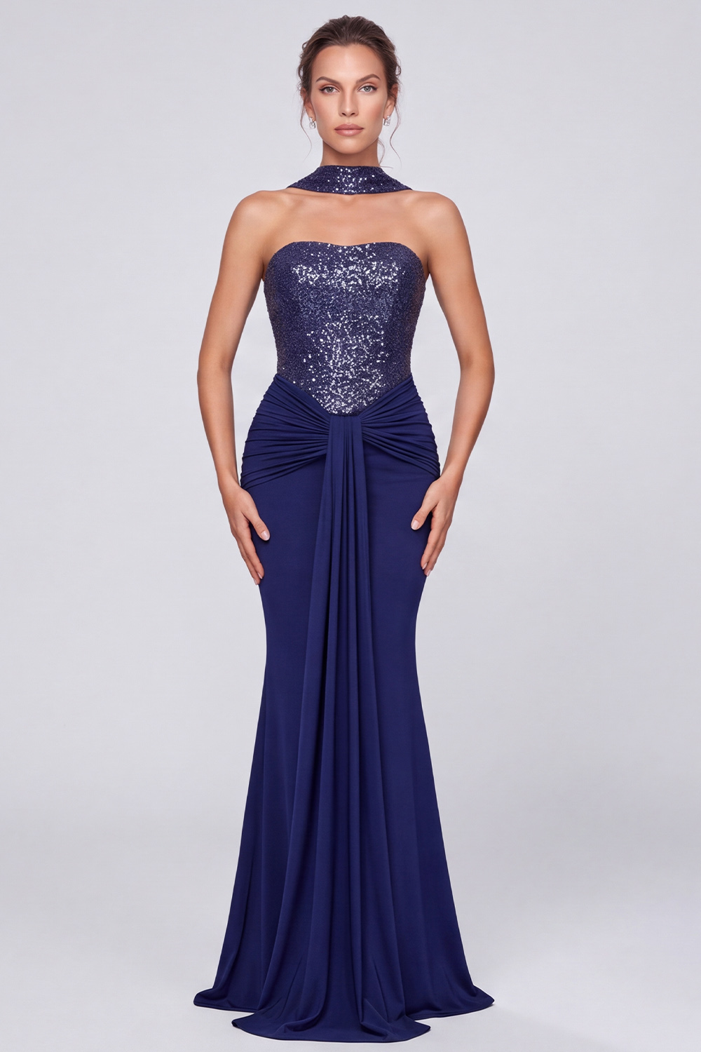 Sparkly Navy Mermaid Strapless Ruched Long Formal Dress with Sequins