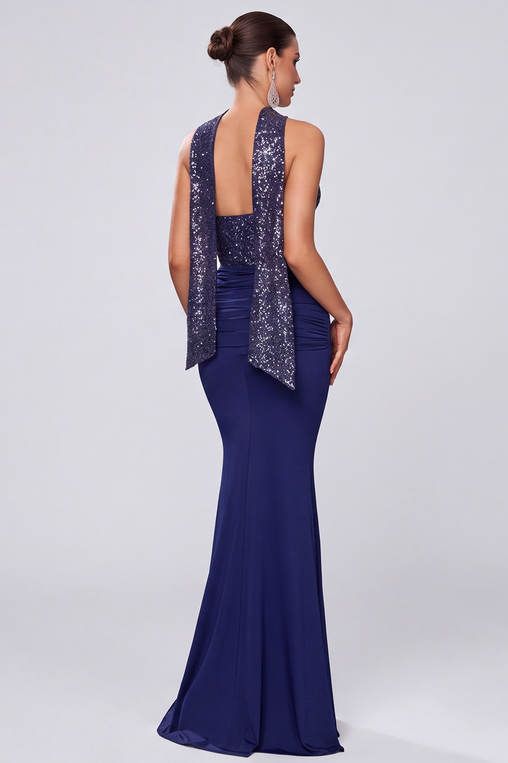 Sparkly Navy Mermaid Strapless Ruched Long Formal Dress with Sequins