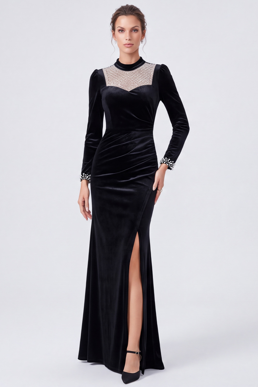 Sparkly Black Velvet Sheath Ruched Sequin High Neck Long Evening Dress with Beading