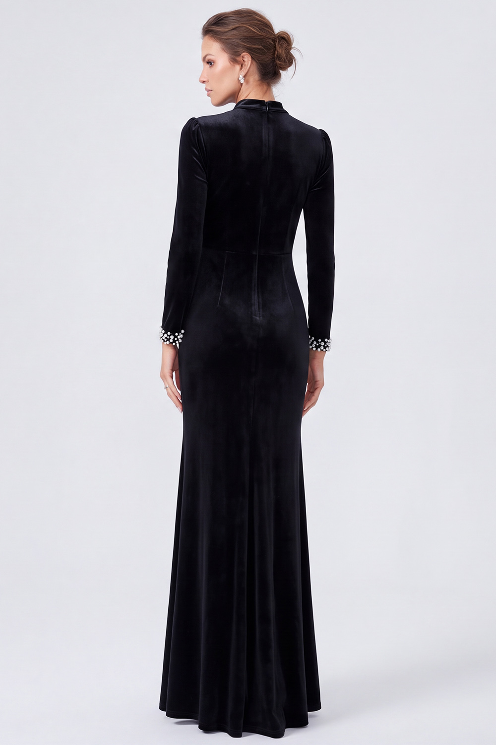 Sparkly Black Velvet Sheath Ruched Sequin High Neck Long Evening Dress with Beading