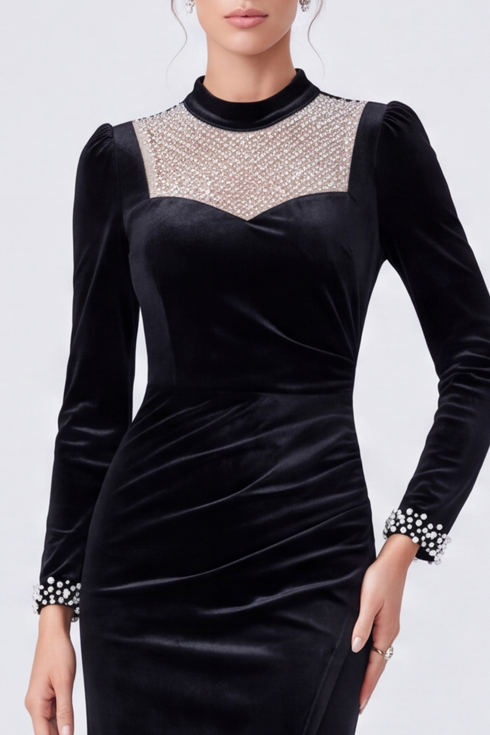 Sparkly Black Velvet Sheath Ruched Sequin High Neck Long Evening Dress with Beading