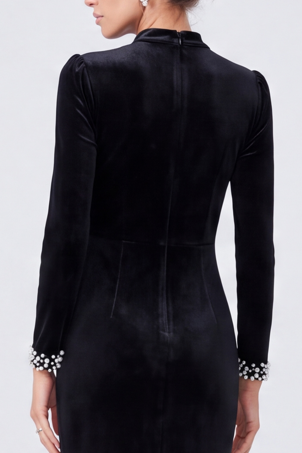 Sparkly Black Velvet Sheath Ruched Sequin High Neck Long Evening Dress with Beading