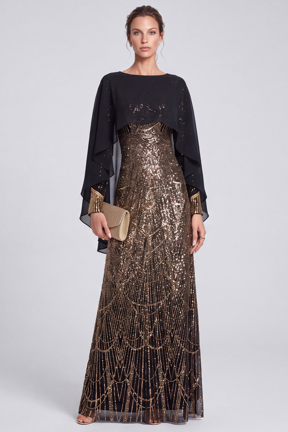 A Line Black Sparkly Sequin Boat Neck Long Evening Dress with Cape
