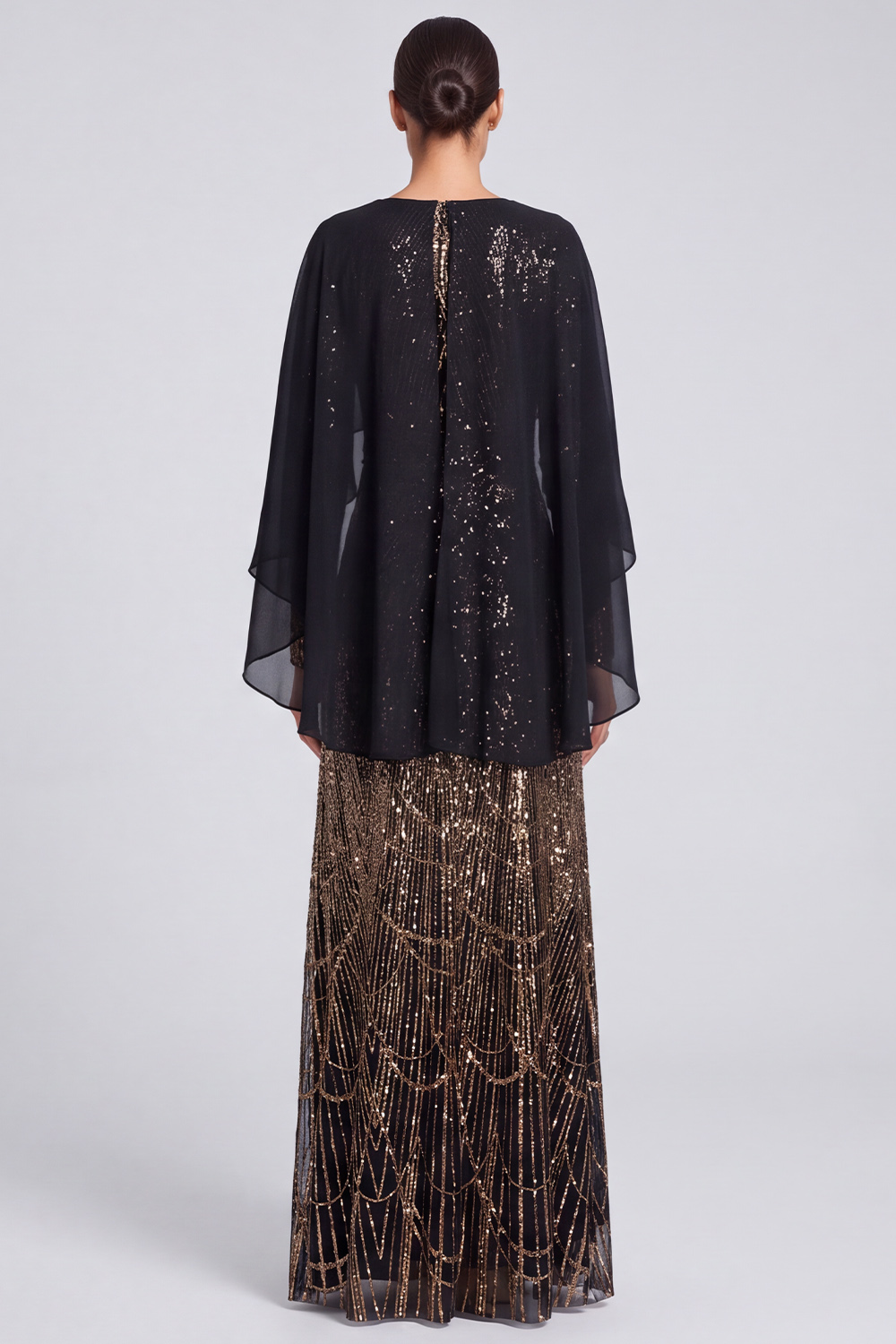 A Line Black Sparkly Sequin Boat Neck Long Evening Dress with Cape