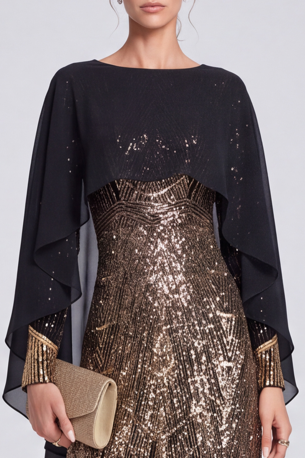 A Line Black Sparkly Sequin Boat Neck Long Evening Dress with Cape