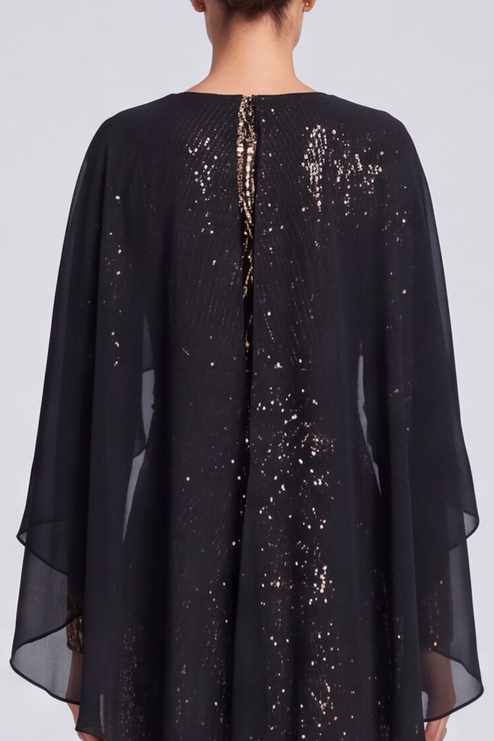 A Line Black Sparkly Sequin Boat Neck Long Evening Dress with Cape