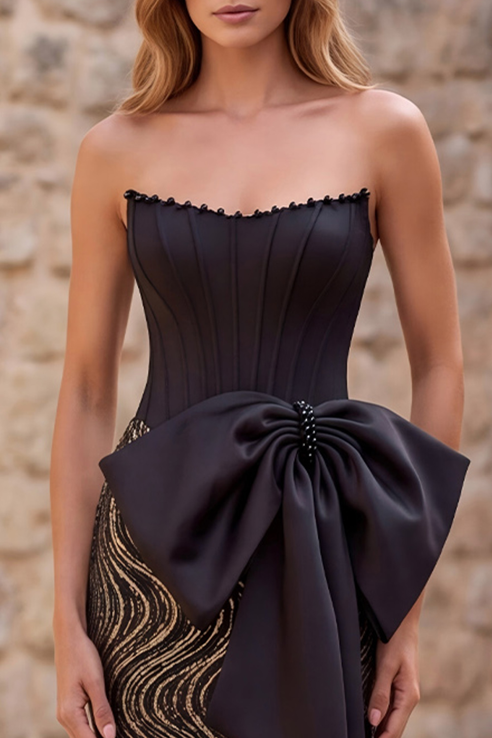 Black Sparkly Corset Strapless Sequin Long Prom Dress with Bow