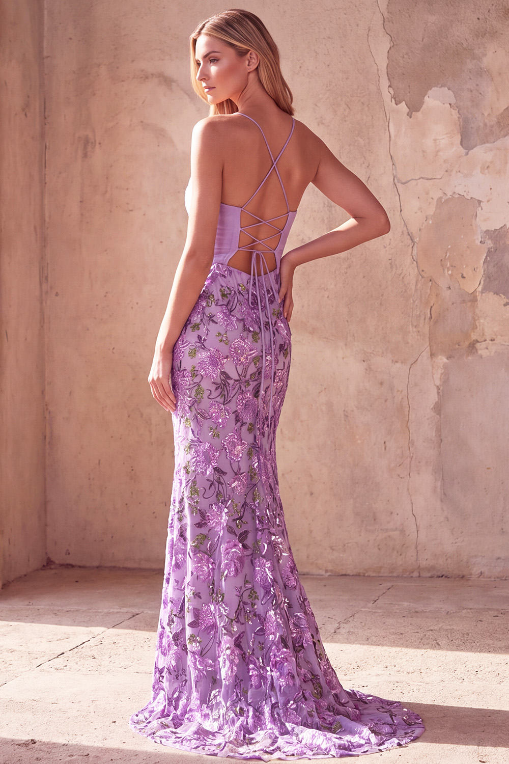 Sparkly Purple Floral Sequin Mermaid Ruched Long Prom Dress