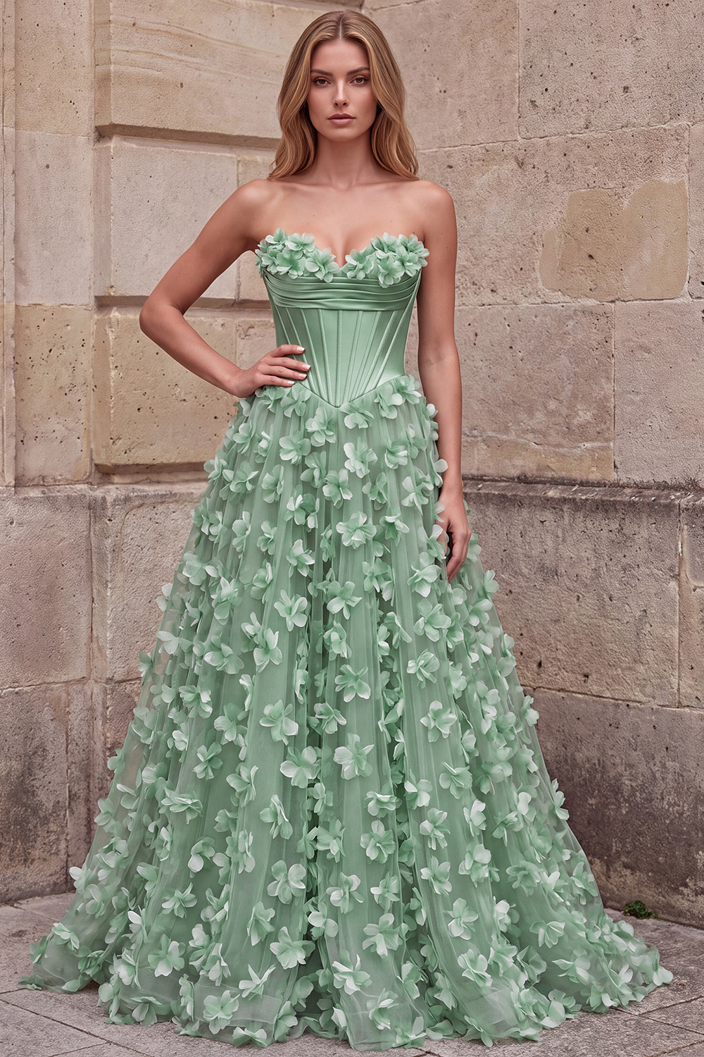 Green Corset A-Line Sweetheart Appliqued Floral Long Prom Dress