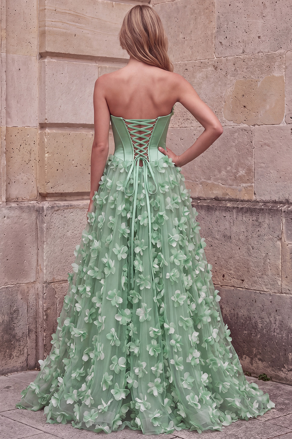 Green Corset A-Line Sweetheart Appliqued Floral Long Prom Dress