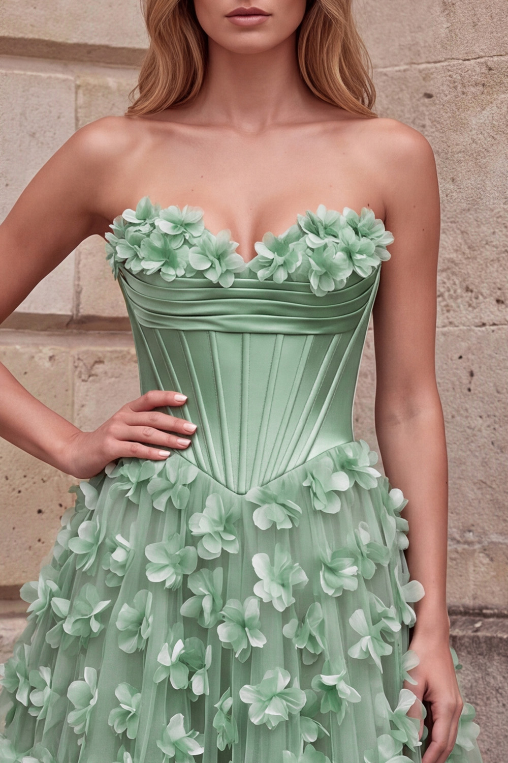 Green Corset A-Line Sweetheart Appliqued Floral Long Prom Dress