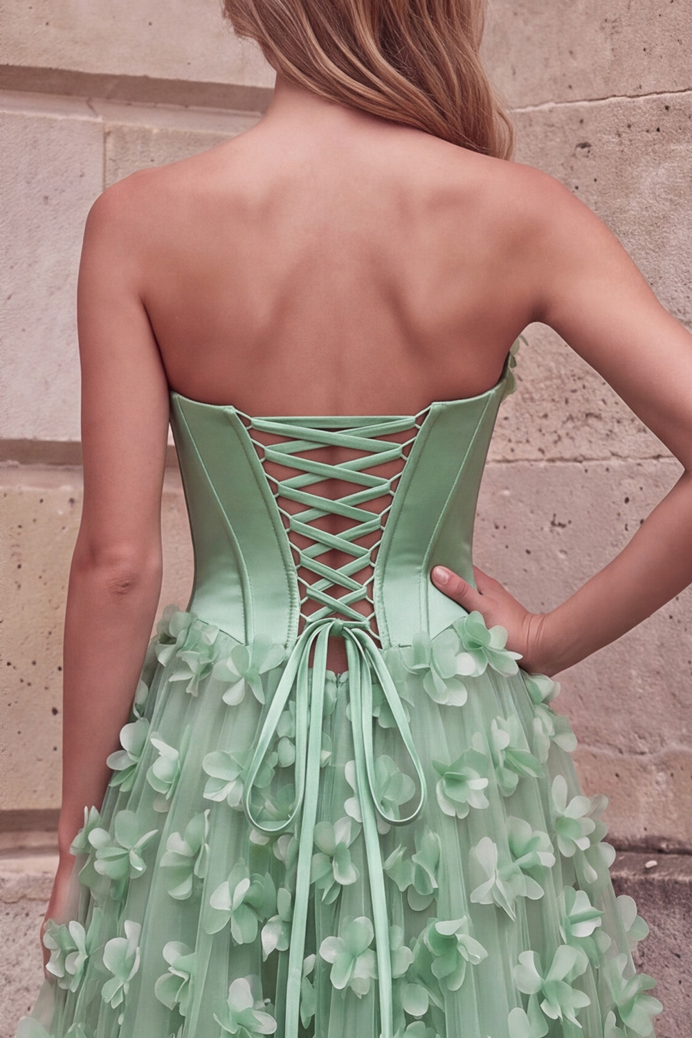 Green Corset A-Line Sweetheart Appliqued Floral Long Prom Dress